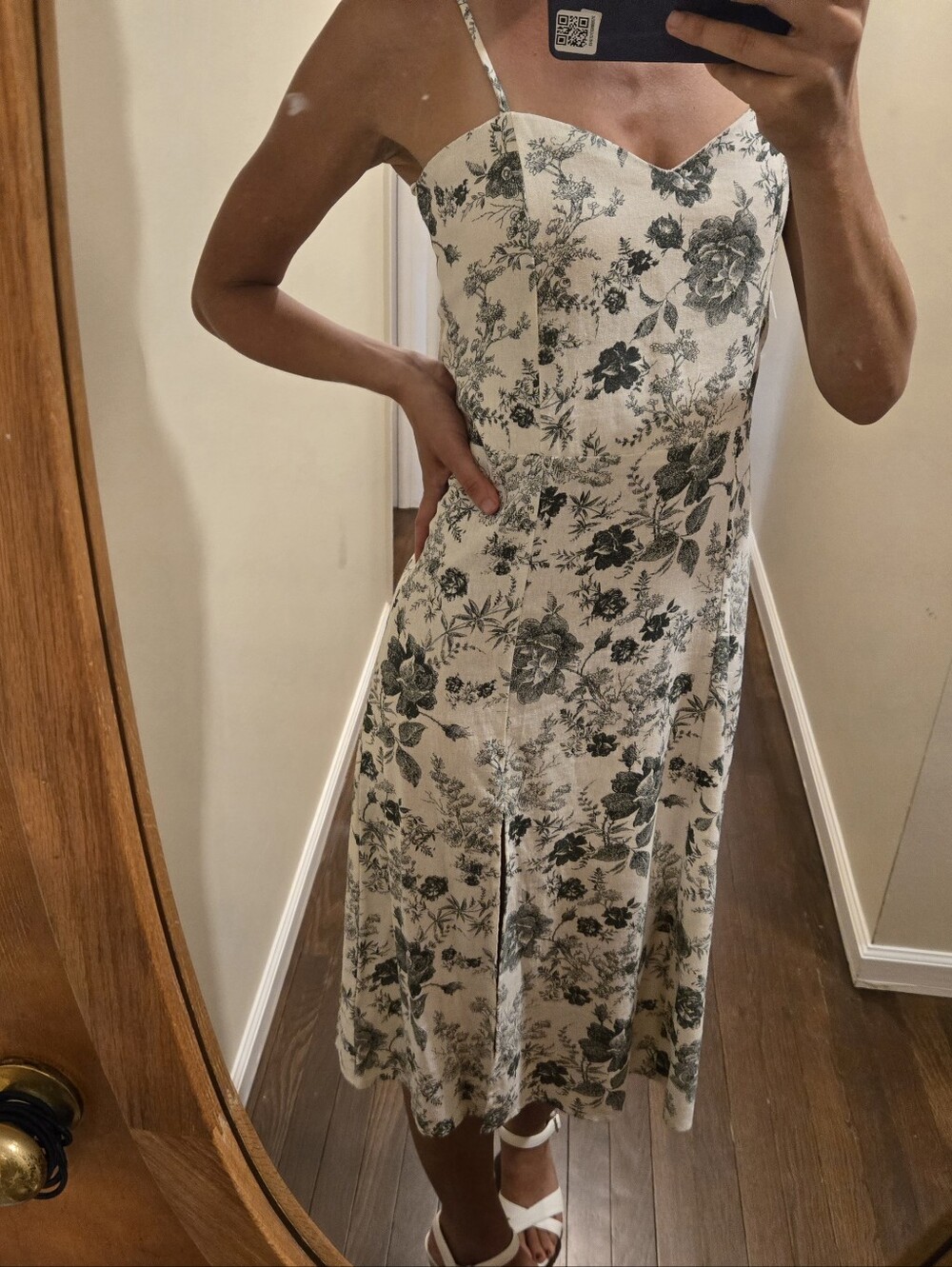 Francesca's Floral Linen / Rayon Blend Midi Dress - Green And Cream